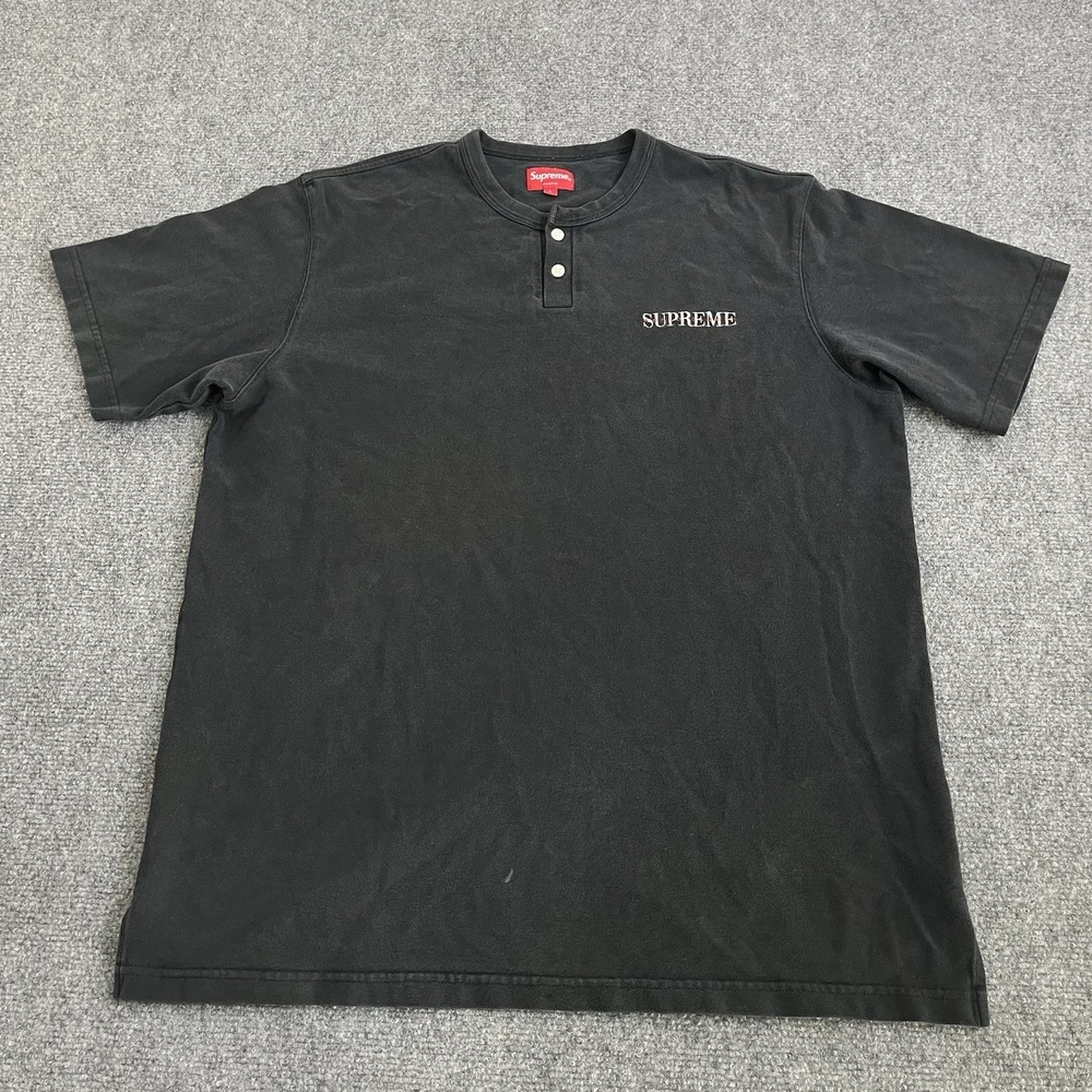 Supreme‎ Black S/S Henley Shirt Embroidered Logo Faded Streetwear Men's Sz Large